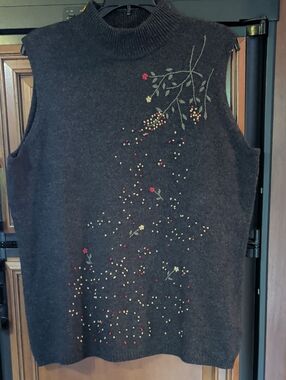Rena Rowan Black Sleeveless Cowlneck Sweater Floral Embroidery Silk Angora Wool